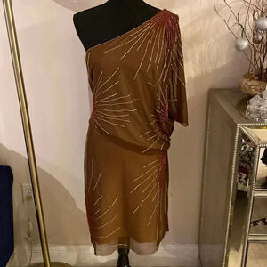 BCBGMaxAzria One-Shoulder Brown Beaded Cocktail Dress